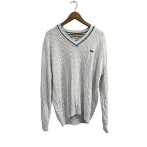 Lacoste Sport White Cable Knit V Neck Tennis Preppy Oversized Sweater Size 6